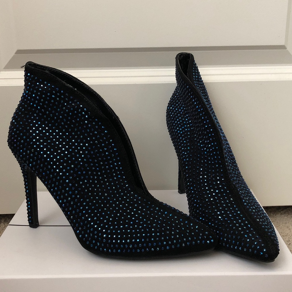 Anne Michelle Black Crystal-Embellished Pointed Stiletto Ankle Boots